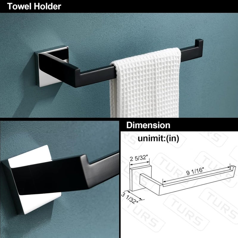 TURS 5-Piece Bathroom Hardware Set Matte Black and Polished Chrome Towel Bar Holder Set Hand Towel Holder Toilet Paper Holder and 2 Towel Hooks,Stainless Steel Wall Mounted - Image 4