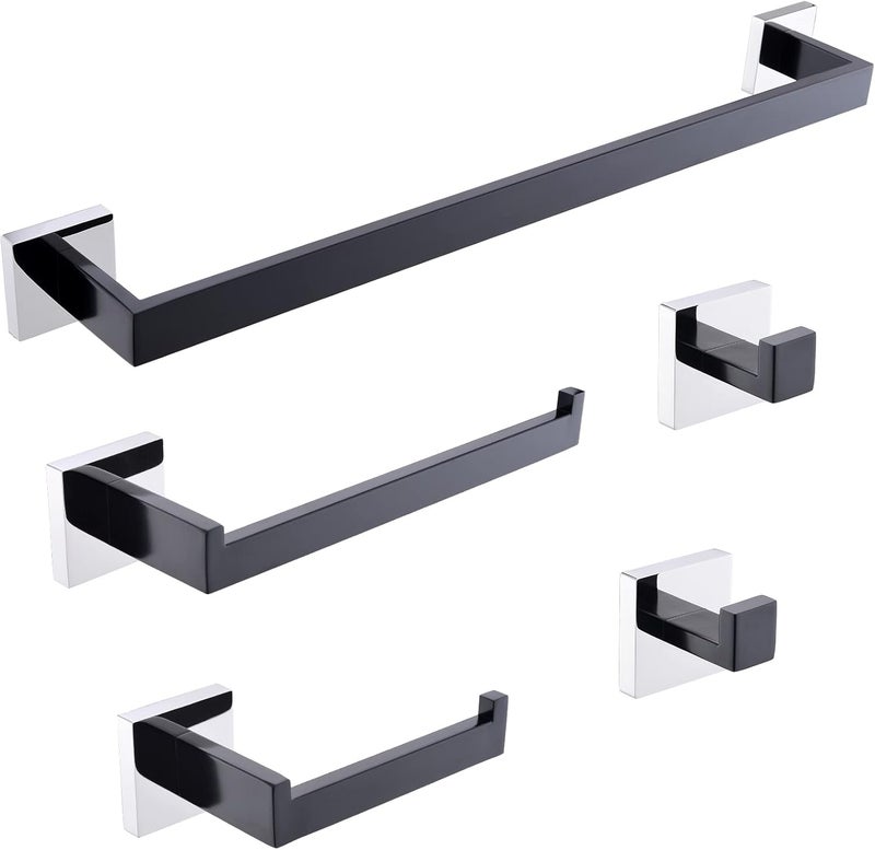 TURS 5-Piece Bathroom Hardware Set Matte Black and Polished Chrome Towel Bar Holder Set Hand Towel Holder Toilet Paper Holder and 2 Towel Hooks,Stainless Steel Wall Mounted - Image 1