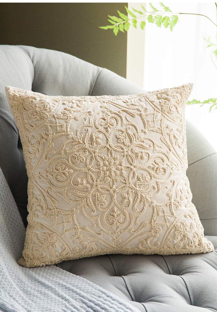 DOKOT Embroidery Throw Pillow Covers Square Cushion Case 100% Cotton with Zipper for Home Decorative 20x20 inches(50x50cm) Beige - Image 2