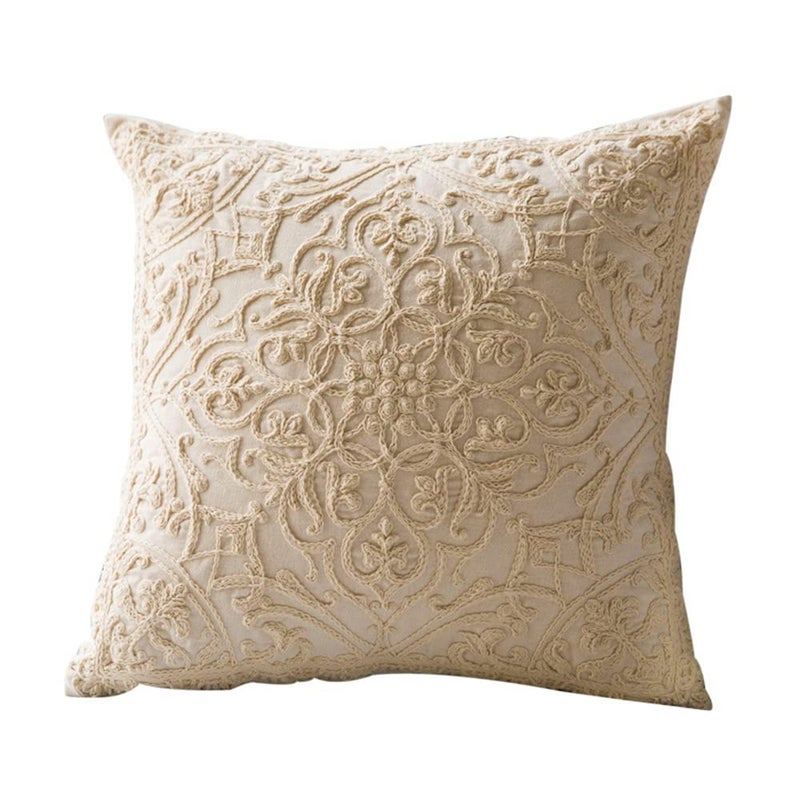 DOKOT Embroidery Throw Pillow Covers Square Cushion Case 100% Cotton with Zipper for Home Decorative 20x20 inches(50x50cm) Beige - Image 1