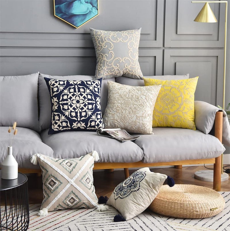 DOKOT Embroidery Throw Pillow Covers Square Cushion Case 100% Cotton with Zipper for Home Decorative 20x20 inches(50x50cm) Beige - Image 5