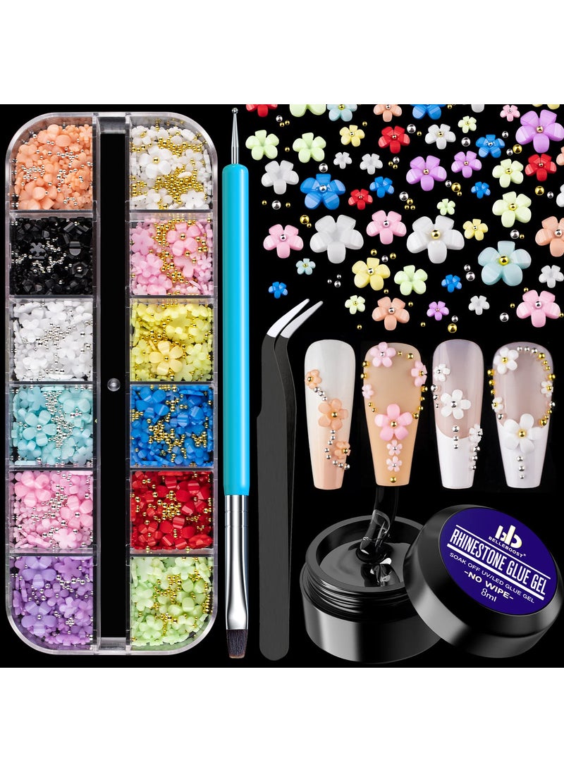 BELLEBOOST 3D Flowers for Nails Art Colorful Charms Set #1 with Caviar Beads, Blossom Rhinestones Crystal Kit Pearls Acrylic Studs DIY Design Manicure Accessories for Women Girls Decoration 