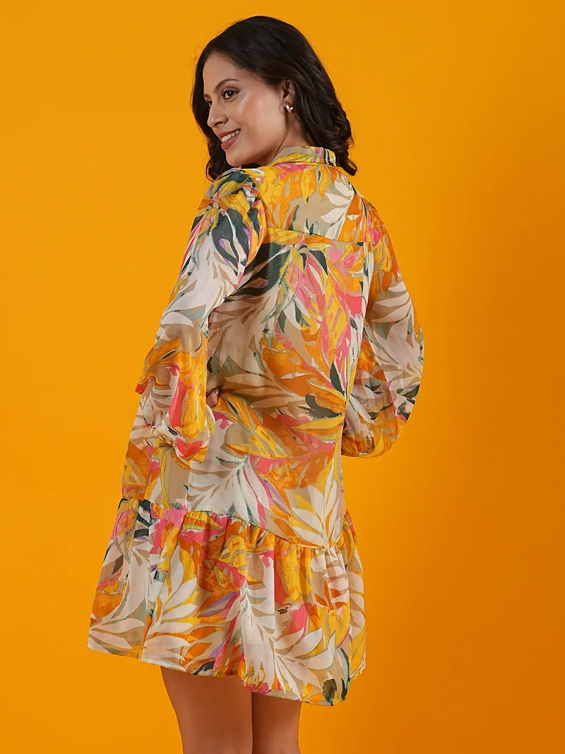 globus Women Orange Tropical Print Tiered Georgette A-Line Dress