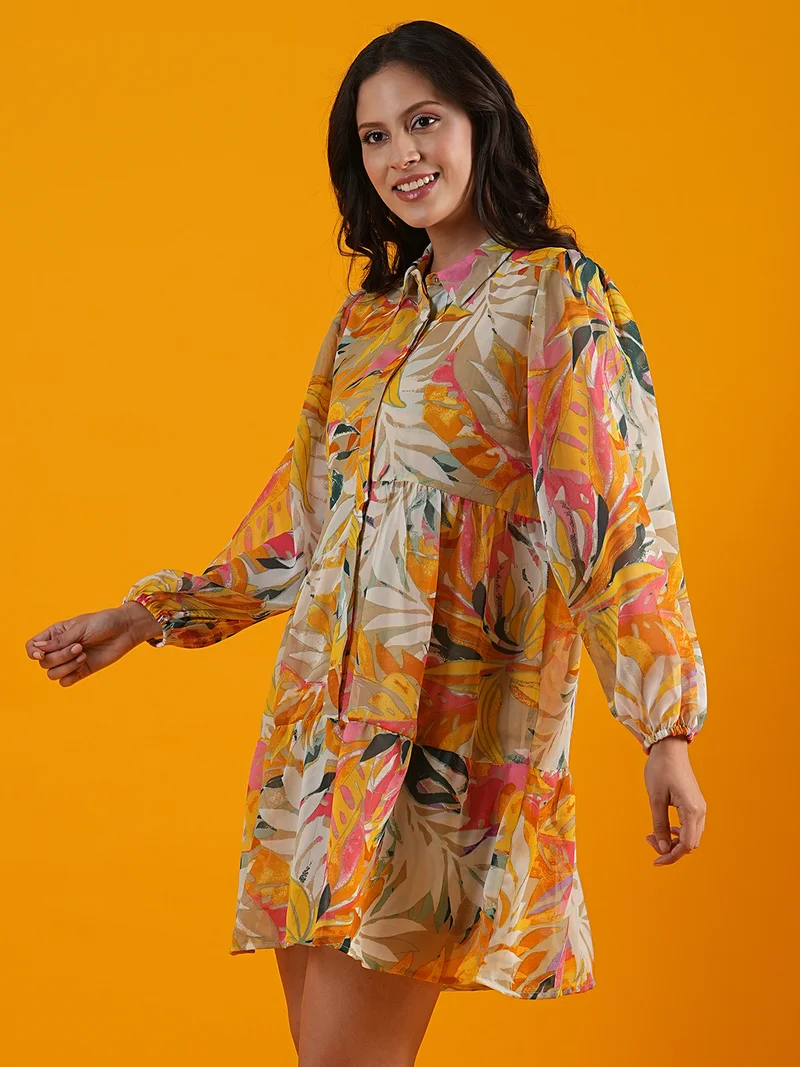globus Globus Women Orange Tropical Print Tiered Georgette A-Line Dress