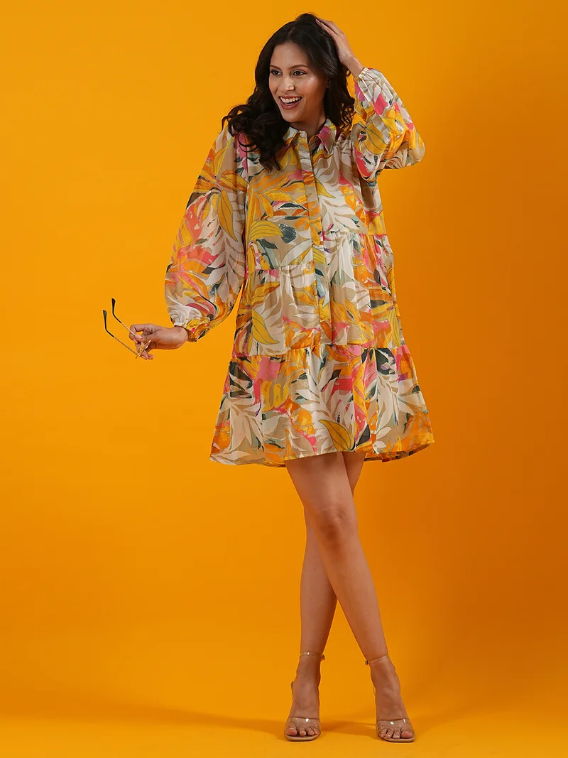 جلو باص فستان نسائي بياقة مستديرة وطبعات استوائية برتقالية