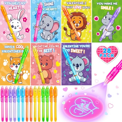 Jumlys Valentines Day Cards for Kids School 28 Pack Invisible Ink Pens with Greeting Cards Valentine Day Party Favors for Boys Girls Ideal Exchange Cards for Classroom - Image 1