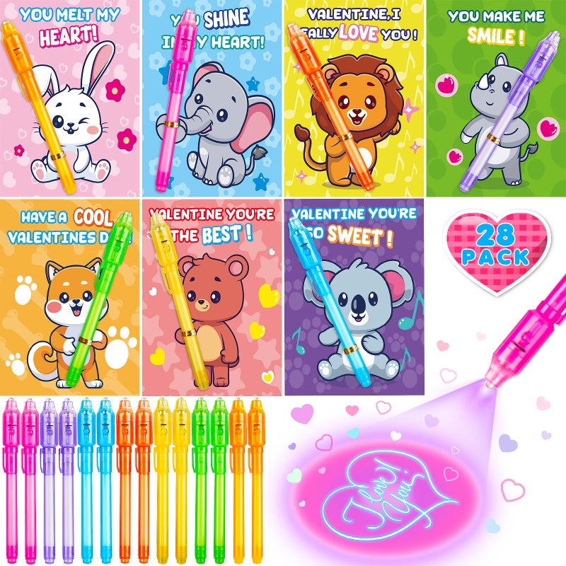Jumlys Valentines Day Cards for Kids School 28 Pack Invisible Ink Pens with Greeting Cards Valentine Day Party Favors for Boys Girls Ideal Exchange Cards for Classroom - Image 3