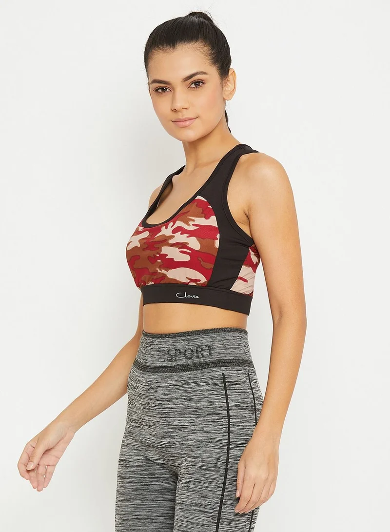 Clovia Clovia Medium Impact Padded Camouflage Print Racerback Sports Bra in Multicolour