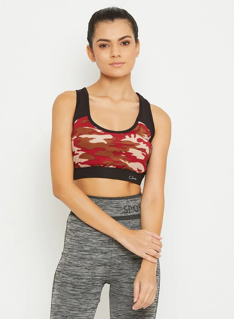 Clovia Clovia Medium Impact Padded Camouflage Print Racerback Sports Bra in Multicolour