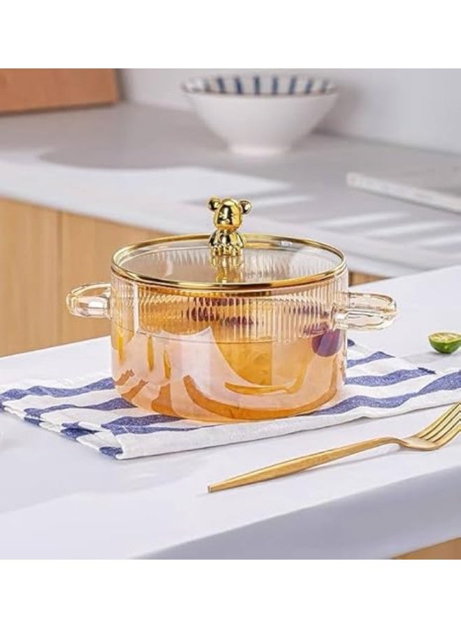 Amber Pyrex Thermal Cooking Pot with Teddy Bear Handle Lid – Ribbed Design with Metal Stand – Heat Resistant up to 150°C - Image 3