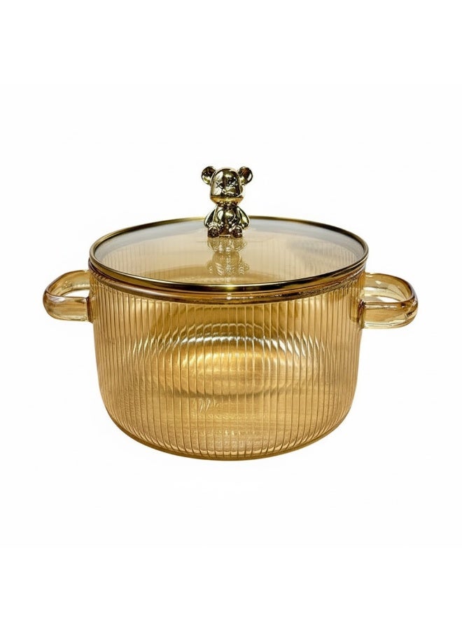 Amber Pyrex Thermal Cooking Pot with Teddy Bear Handle Lid – Ribbed Design with Metal Stand – Heat Resistant up to 150°C - Image 1