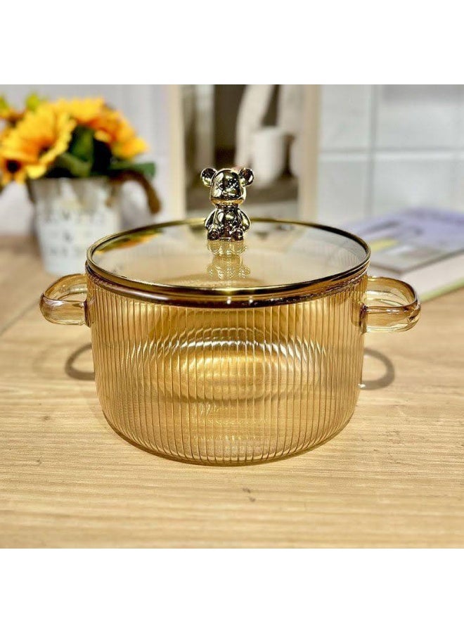 Amber Pyrex Thermal Cooking Pot with Teddy Bear Handle Lid – Ribbed Design with Metal Stand – Heat Resistant up to 150°C - Image 2