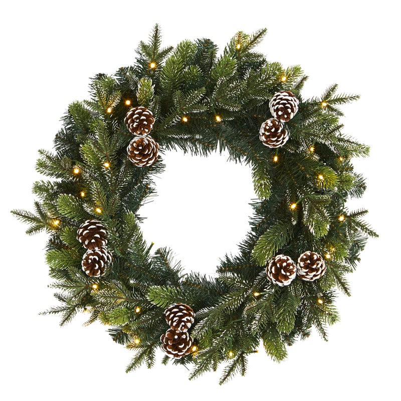 Nearly Natural Nearly Natural 24in Snowed Pinecone Artificial Christmas Wreath with 35 Clear LED Lights Green 5x24x24