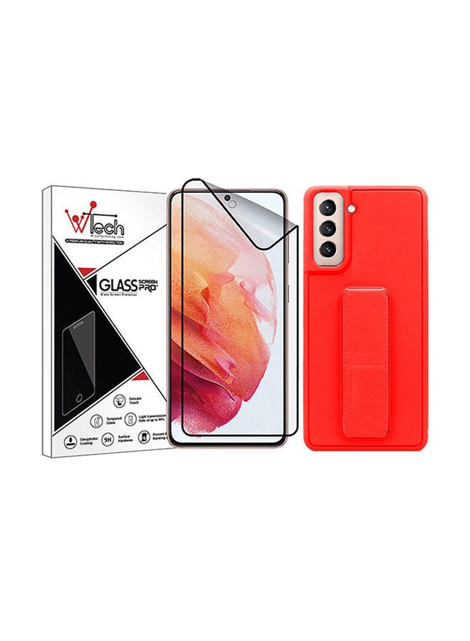 NIBEMINENT Pack Of Ceramic Nano Screen Protector With Silicone Hand Band Grip Cover Case For Samsung Galaxy S21 5G 6.2inch Red/Clear - Image 1