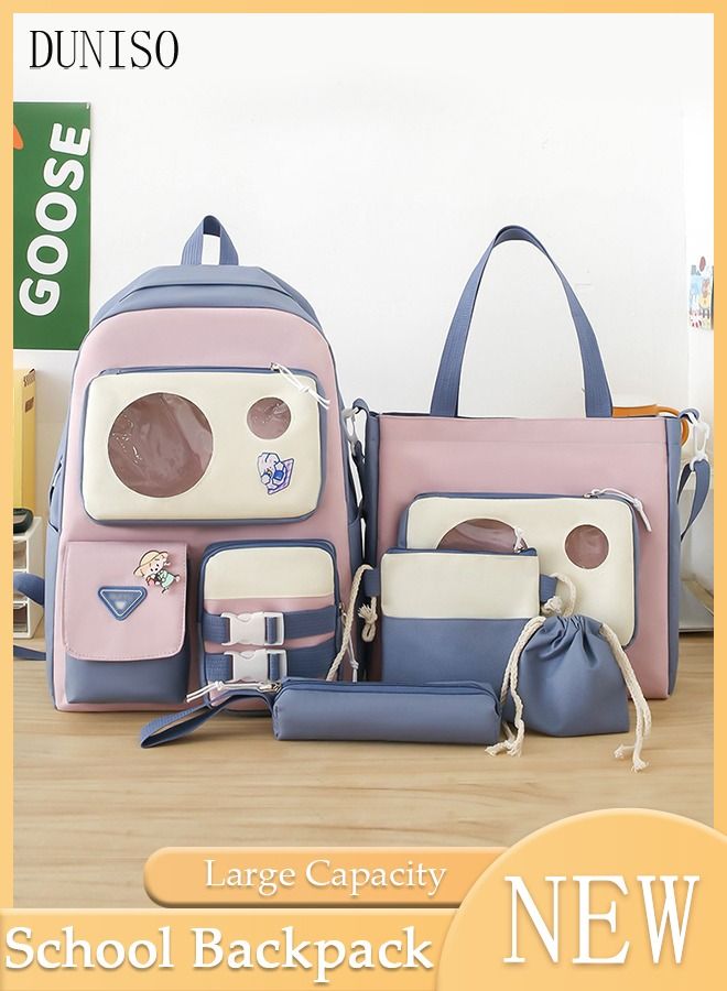 DUNISO 5 pieces Girl' s School Backpacks Multi-pocket Large Capacity Book Bag with Compartments Waterproof Wear-resistant Backpack Sets for Little Gril Teen Kids Primary School Students School bag - Image 1