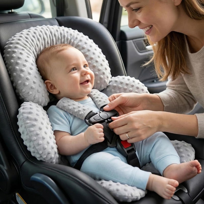 Pro Goleem Infant Car Seat Head Neck Body Support, Ultra-Soft Minky and Microfiber Newborn Car Seat Strap Pads, Perfect for CarSeat, Stroller, 2-in-1 Reversible, for Boys and Girls, Gray - Image 2