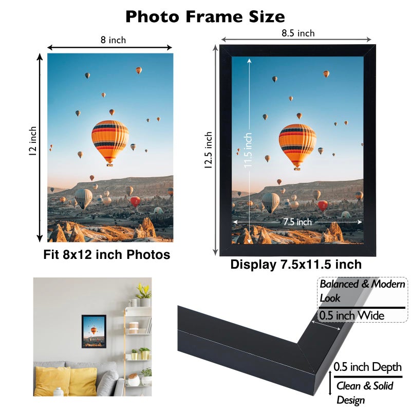 JCJMY 8x12 Picture Frame Black for Wall Hanging or Tabletop, Wall Mounting Horizontally or Vertically, 8 x 12 Wall Gallery Poster Photo Frame with Shatter Resistant Plexiglass, Black - Image 3