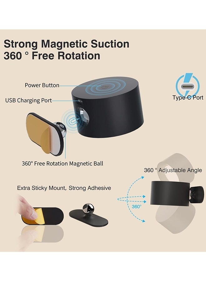 مصباح حائط لاسلكي، مصباح حائط USB، 3 درجات حرارة ألوان و3 مستويات سطوع، كرة مغناطيسية تدور 360 درجة، يعمل ببطارية 2000 مللي أمبير/ساعة، مصباح حائط لاسلكي للقراءة بجانب السرير، أسود - Image 4