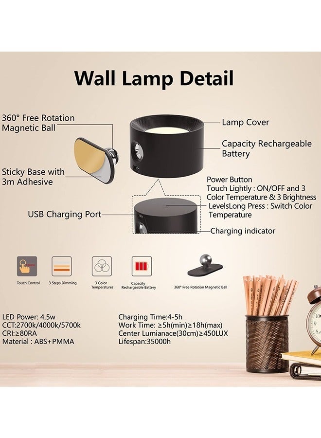 مصباح حائط لاسلكي، مصباح حائط USB، 3 درجات حرارة ألوان و3 مستويات سطوع، كرة مغناطيسية تدور 360 درجة، يعمل ببطارية 2000 مللي أمبير/ساعة، مصباح حائط لاسلكي للقراءة بجانب السرير، أسود - Image 5
