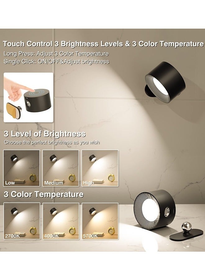 مصباح حائط لاسلكي، مصباح حائط USB، 3 درجات حرارة ألوان و3 مستويات سطوع، كرة مغناطيسية تدور 360 درجة، يعمل ببطارية 2000 مللي أمبير/ساعة، مصباح حائط لاسلكي للقراءة بجانب السرير، أسود - Image 2