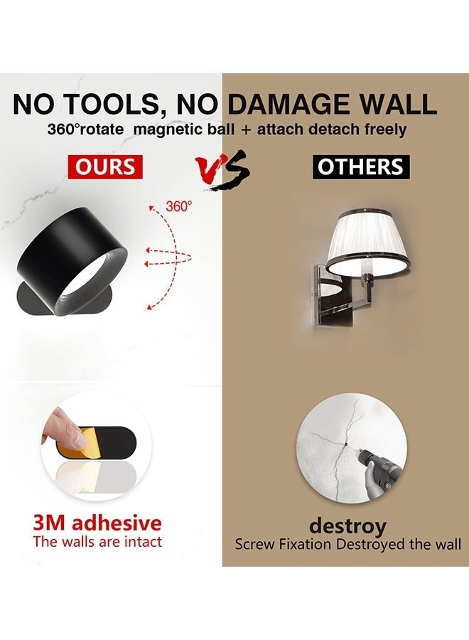 مصباح حائط لاسلكي، مصباح حائط USB، 3 درجات حرارة ألوان و3 مستويات سطوع، كرة مغناطيسية تدور 360 درجة، يعمل ببطارية 2000 مللي أمبير/ساعة، مصباح حائط لاسلكي للقراءة بجانب السرير، أسود - Image 3