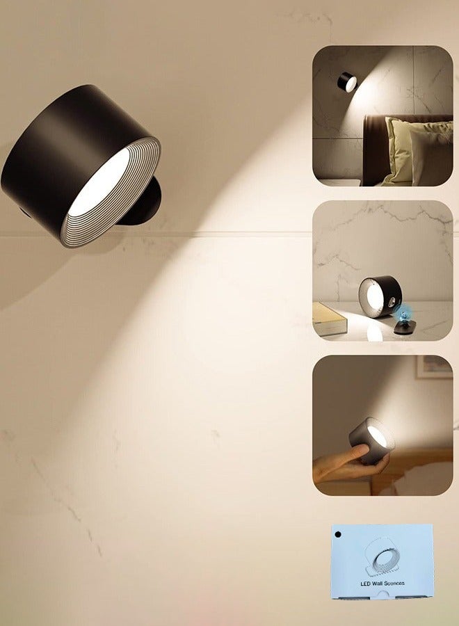 مصباح حائط لاسلكي، مصباح حائط USB، 3 درجات حرارة ألوان و3 مستويات سطوع، كرة مغناطيسية تدور 360 درجة، يعمل ببطارية 2000 مللي أمبير/ساعة، مصباح حائط لاسلكي للقراءة بجانب السرير، أسود - Image 1