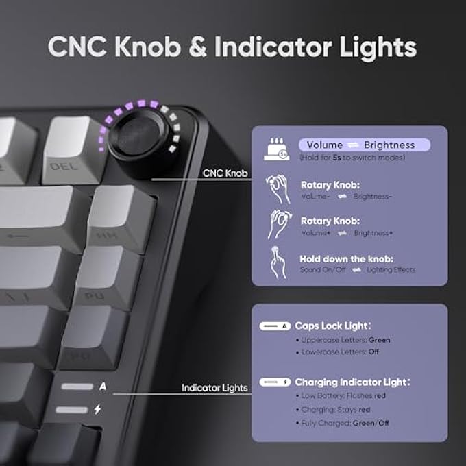 rayihni K75 WIRELESS MECHANICAL GAMING KEYBOARD, 75% HOT SWAPPABLE CREAMY KEYBOARD WITH KNOB, RGB BACKLIT, PRE-LUBED LINEAR SWITCHES, SIDE PRINTED PBT KEYCAPS, WIRELESS/WIRED/BT5.0 CONNECTION MODE - Image 3