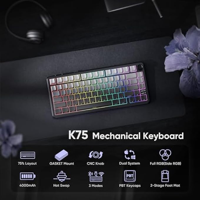 rayihni K75 WIRELESS MECHANICAL GAMING KEYBOARD, 75% HOT SWAPPABLE CREAMY KEYBOARD WITH KNOB, RGB BACKLIT, PRE-LUBED LINEAR SWITCHES, SIDE PRINTED PBT KEYCAPS, WIRELESS/WIRED/BT5.0 CONNECTION MODE - Image 2