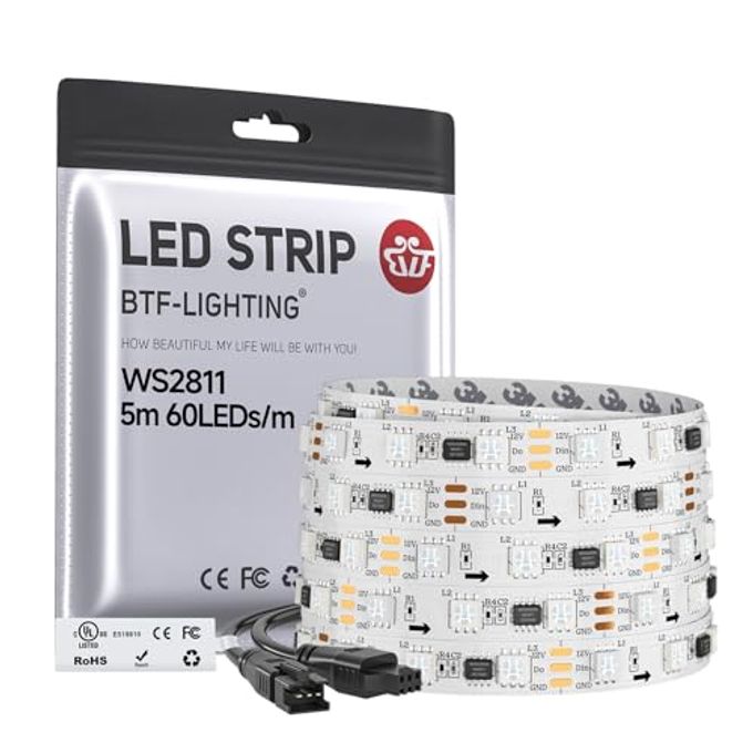 BTF-LIGHTING WS2811 IC=RGB+IC Addressable Color RGB LED Strip,16.4FT 60LED/m 10Pixels/m,IP30 White PCB,UL Listed,Flexible DC12V Chasing Effect for Indoor Home Decor,3M Tape(No Adapter or Controller) - Image 4