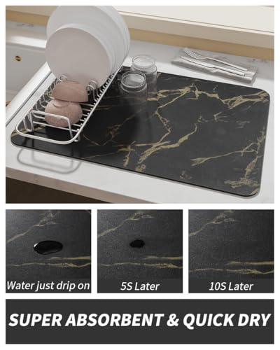 AMOAMI Coffee Mat - Hide Stain Rubber Backed Absorbent Dish Drying Mat for Kitchen Counter - Black & Gold - Image 3