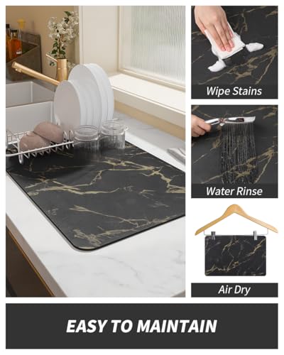 AMOAMI Coffee Mat - Hide Stain Rubber Backed Absorbent Dish Drying Mat for Kitchen Counter - Black & Gold - Image 4