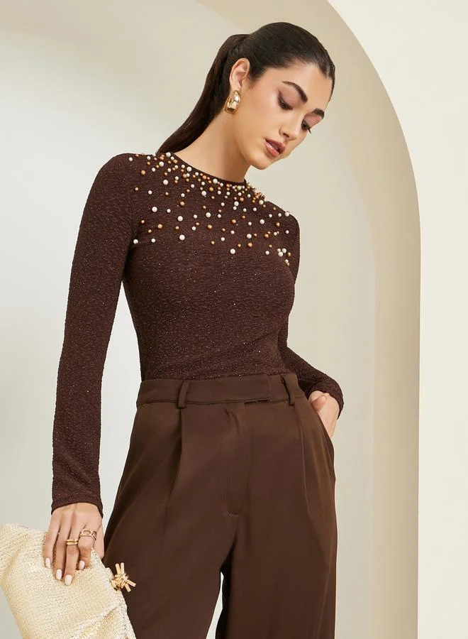 Styli Women Brown Pearl Embellished Knit Top
