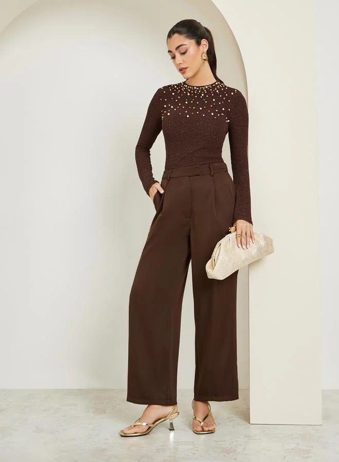 Styli Women Brown Pearl Embellished Knit Top