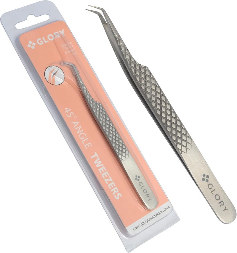 Glory 45 Degree Fiber Tips Lash Tweezers for Volume Extensions NonSlip Ultimate Diamond Grip Precision Lash Tweezers