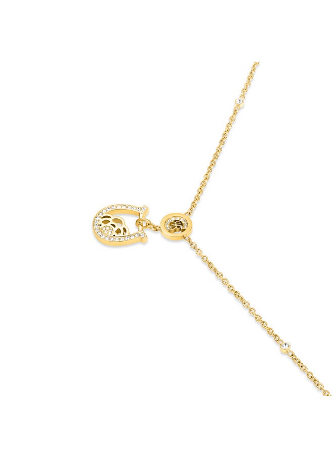 CERRUTI 1881 Camilla Gold-Plated Necklace, Horseshoe Pendant with CRR Logo and Crystal Accents, Modern Elegance with Filigree Detailing  - Image 2