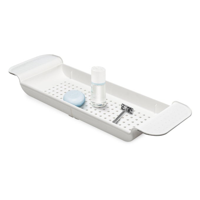 EXPANDABLE BATH TRAY FOR BATHTUBS PLASTIC SHOWER AND BATH SHELF CADDY WHITE MULTIFUNCTIONAL BATHTUB BATHROOM ORGANIZER PREMIUMWHITE