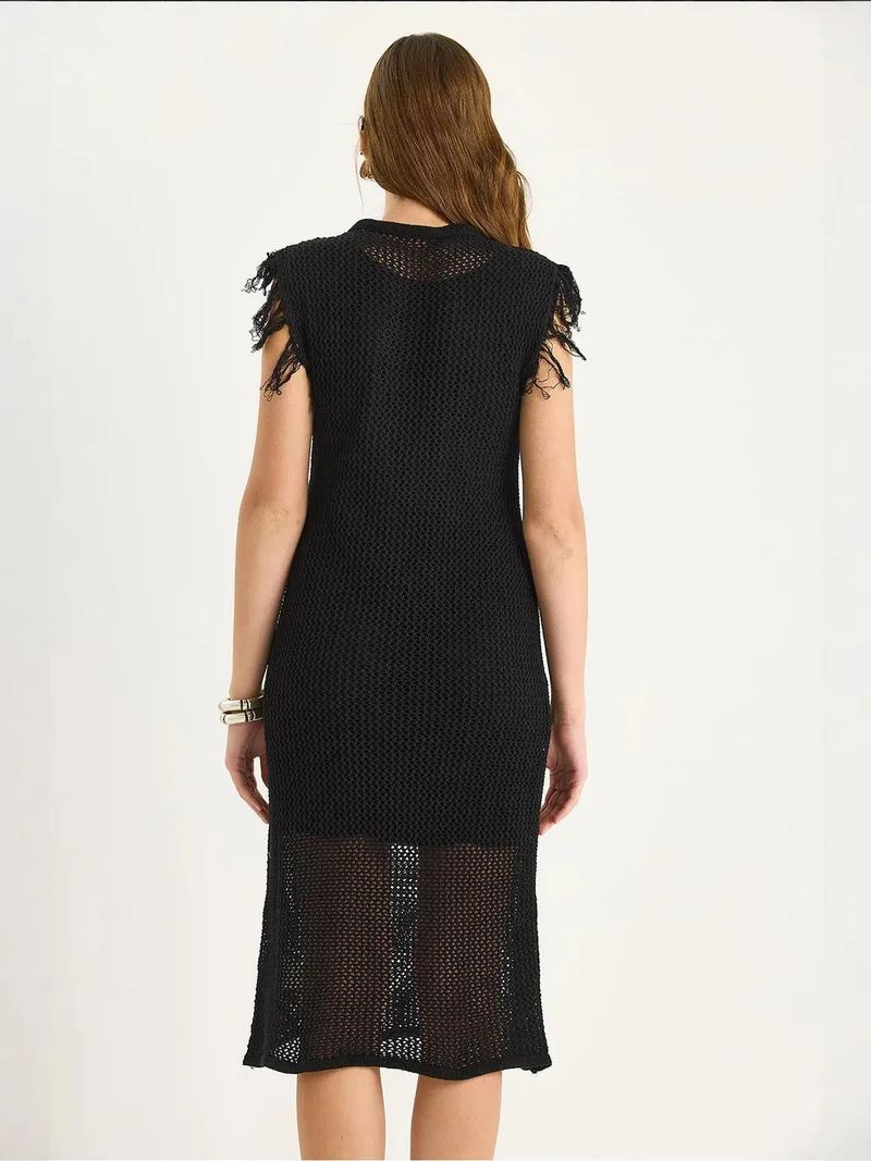Bianco Lucci Black LUCCI Textured Midi Dress with Ruffle Detail for Women | Best Price UAE
