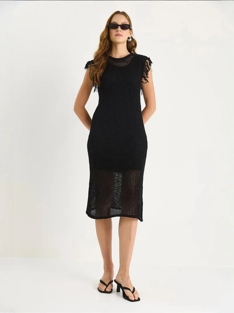 Bianco Lucci Black LUCCI Textured Midi Dress with Ruffle Detail for Women | Best Price UAE