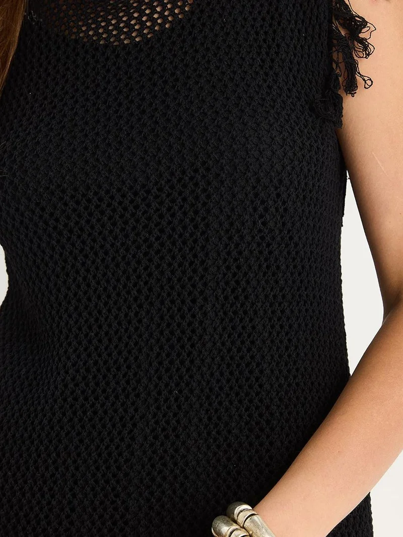Bianco Lucci Black LUCCI Textured Midi Dress with Ruffle Detail for Women | Best Price UAE