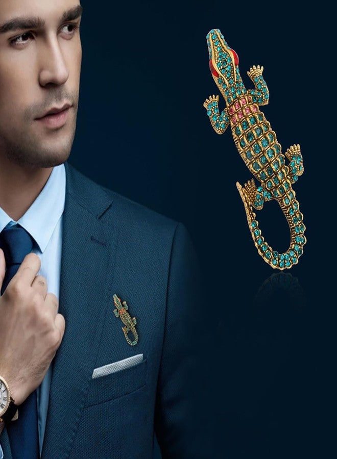 FUTIMELY Premium Crocodile Brooch Colourful Crystal Rhinestone Crocodile Alligator Brooch Pin Personality Animal Lapel Backpack Badge Hat Bag Decoration Accessories for Men and Women (Green1) - Image 2
