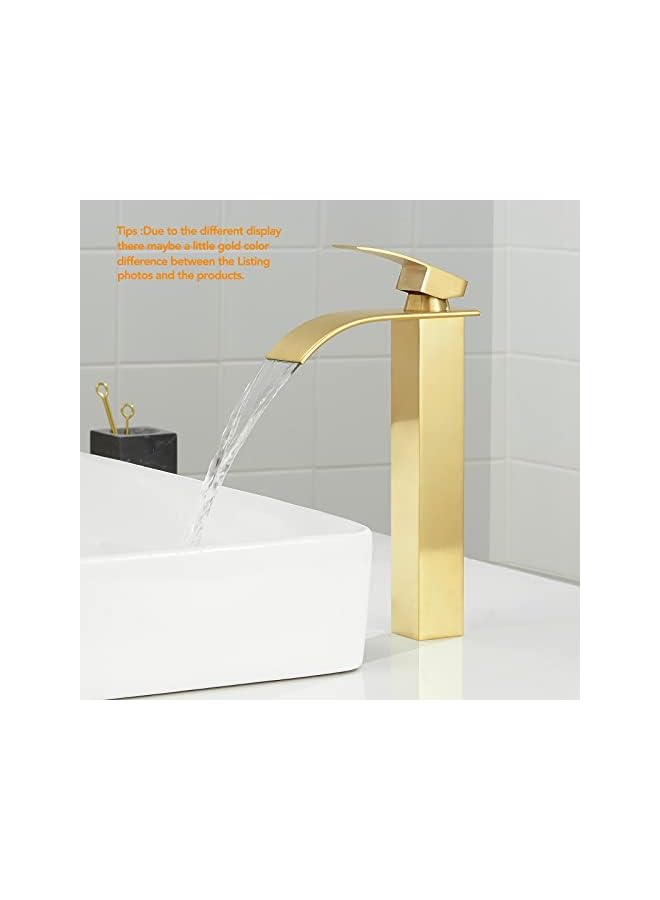 The Bros Waterfall Spout Brushed Gold Bathroom Faucet, Tall Single Handle Single Hole Bathroom Sink Faucet, Rv Vessel Sink Faucet, Pop Up Drain Not Included, Brass/Gold - Image 3