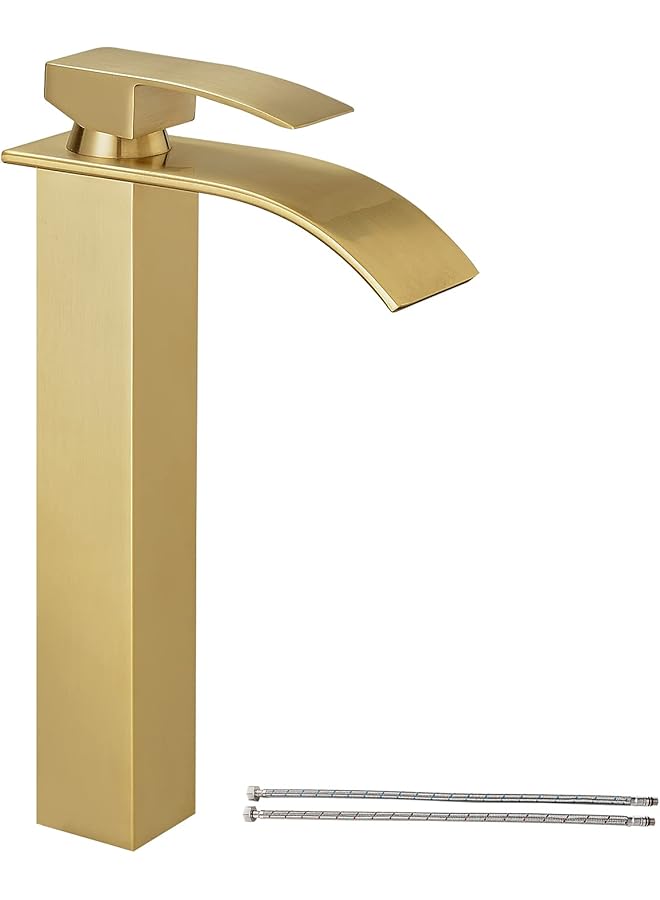 The Bros Waterfall Spout Brushed Gold Bathroom Faucet, Tall Single Handle Single Hole Bathroom Sink Faucet, Rv Vessel Sink Faucet, Pop Up Drain Not Included, Brass/Gold - Image 1