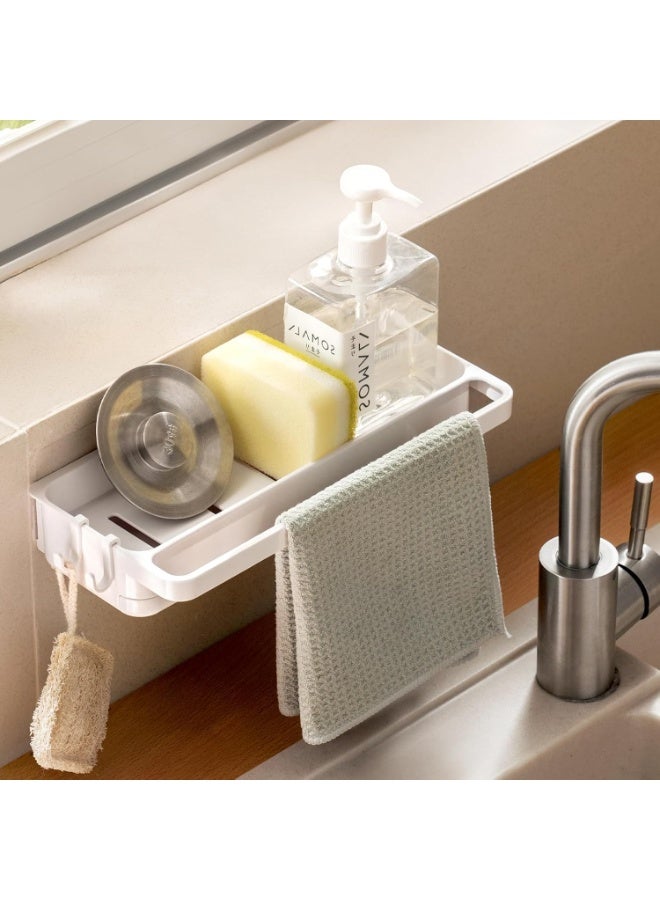 سيوسي Kitchen Sink Caddy, 2-in-1 Sponge Holder, Scrubber Storage Organizer, Plastic Sink Accessory for Cleaning Brushes, Dish Soap, Washing Pads, Utensils, Countertop Drainer Tray, White (9.5 Inch) - Image 1