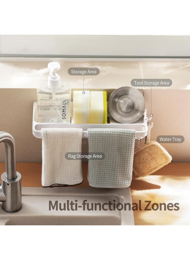 سيوسي Kitchen Sink Caddy, 2-in-1 Sponge Holder, Scrubber Storage Organizer, Plastic Sink Accessory for Cleaning Brushes, Dish Soap, Washing Pads, Utensils, Countertop Drainer Tray, White (9.5 Inch) - Image 2