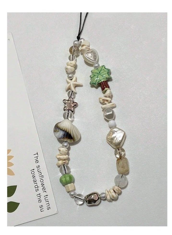 Mobile phone chain decorated with Lovely Palm Tree,white heart-shaped beads and randomly placed shells - Image 3