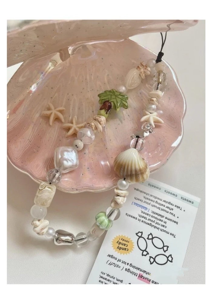 Mobile phone chain decorated with Lovely Palm Tree,white heart-shaped beads and randomly placed shells - Image 1