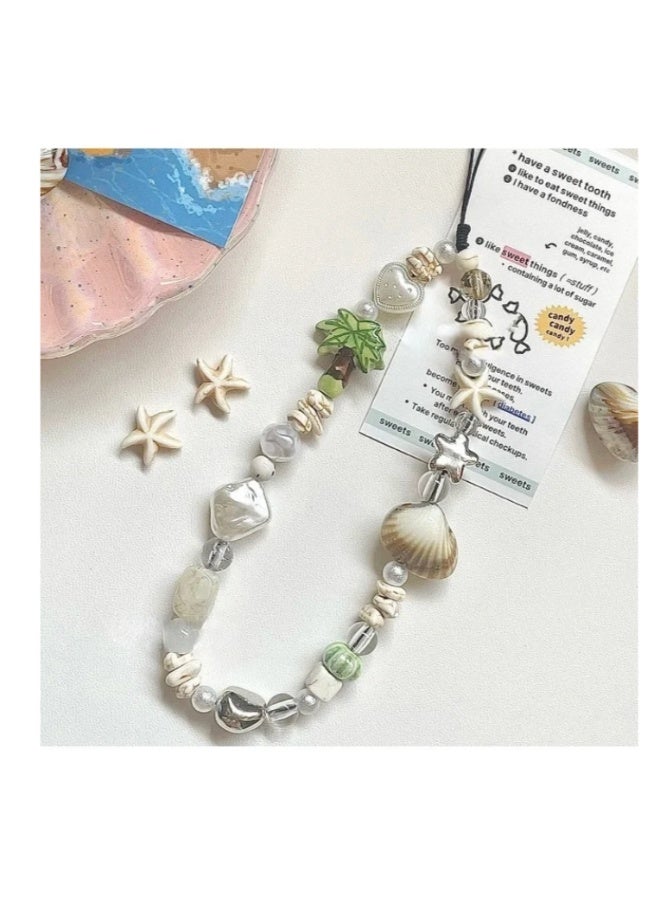 Mobile phone chain decorated with Lovely Palm Tree,white heart-shaped beads and randomly placed shells - Image 2