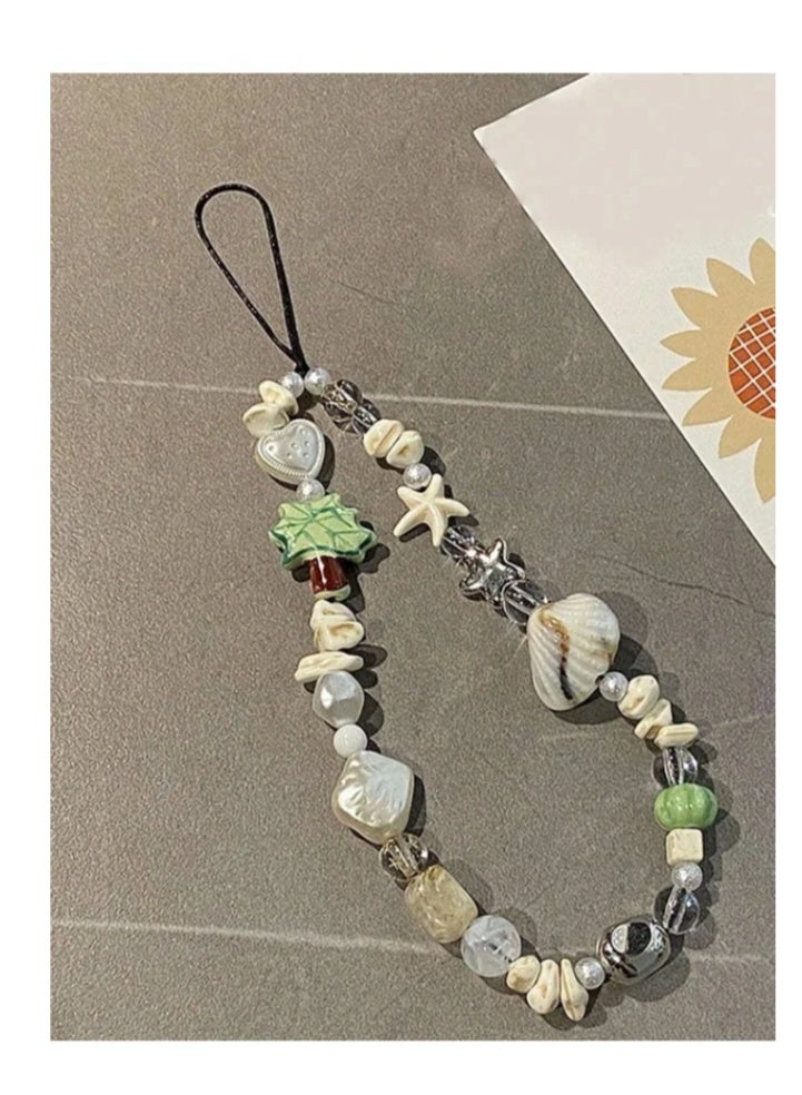 Mobile phone chain decorated with Lovely Palm Tree,white heart-shaped beads and randomly placed shells - Image 4