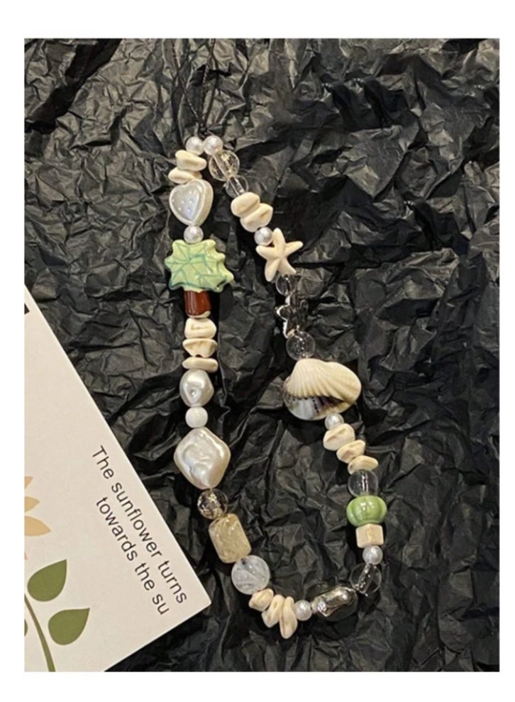 Mobile phone chain decorated with Lovely Palm Tree,white heart-shaped beads and randomly placed shells - Image 5