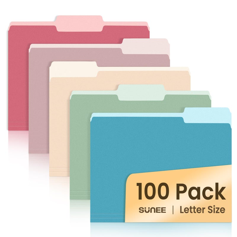SUNEE File Folders Letter Size Retro Colors, 100 Pack Folders for Documents 1/3-Cut Tabs, Colored File Folders Office Home School for Documents Files Paper - Image 1